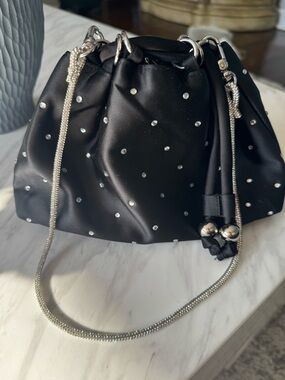 J.Crew crystal embellished black satin drawstring evening bag delicate chain